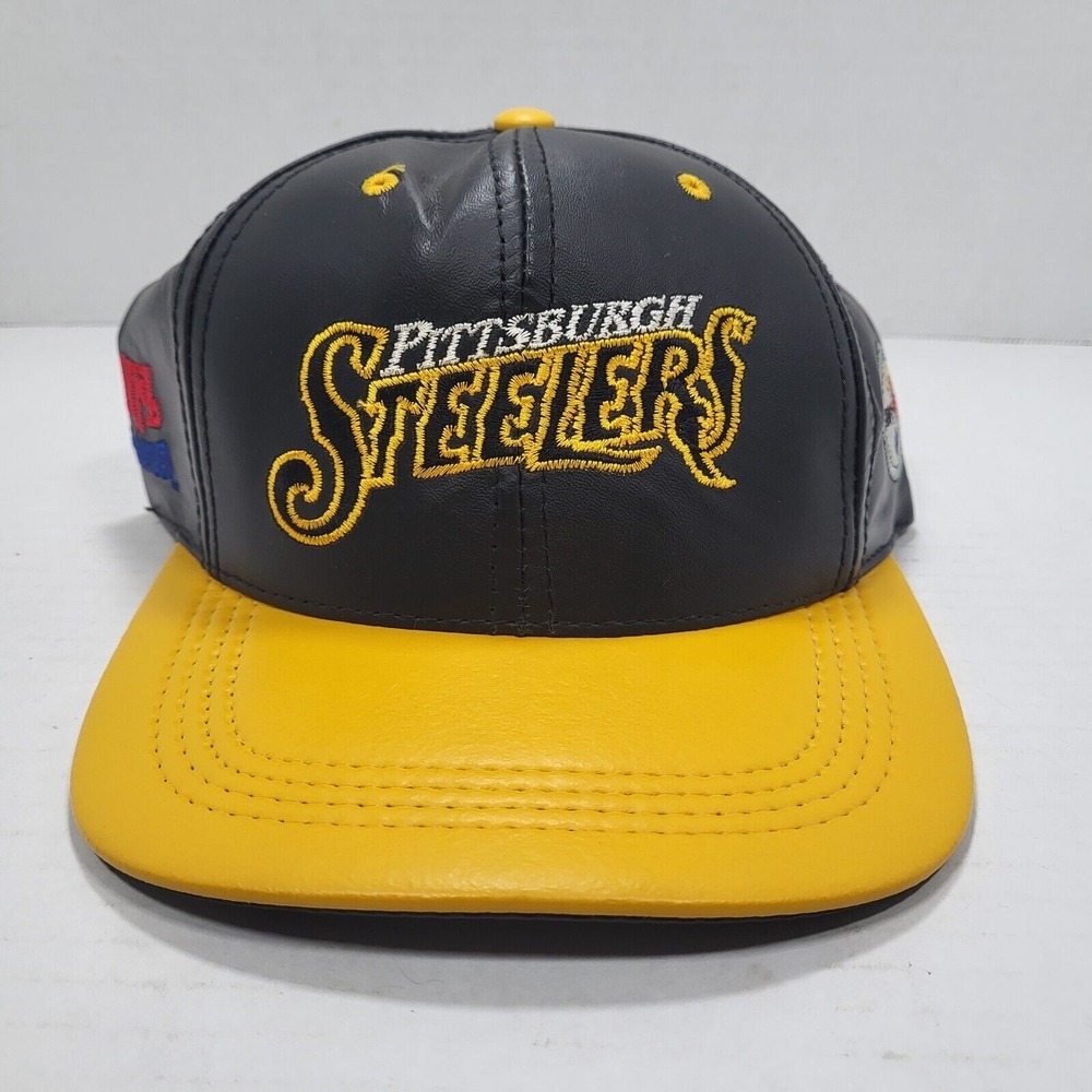 Vtg Pittsburgh Steelers Genuine Leather Snapback Hat Modern One Size‎ Fits All